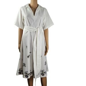 70s Cream Cardessa Midi Fit Flare Short Sleeve Vneck Pullover Belted Dress SZ S